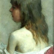 "Meisje, in het rood". Portret. (A.L.B. Dumoulin(1871-1935)
