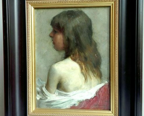 "Meisje, in het rood". Portret. (A.L.B. Dumoulin(1871-1935)