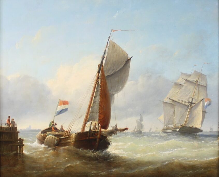 Schepen op wilde zee bij de kust Frans Jacobus van den Blijk 1806-1876 NL Antiques De Baanhoeve