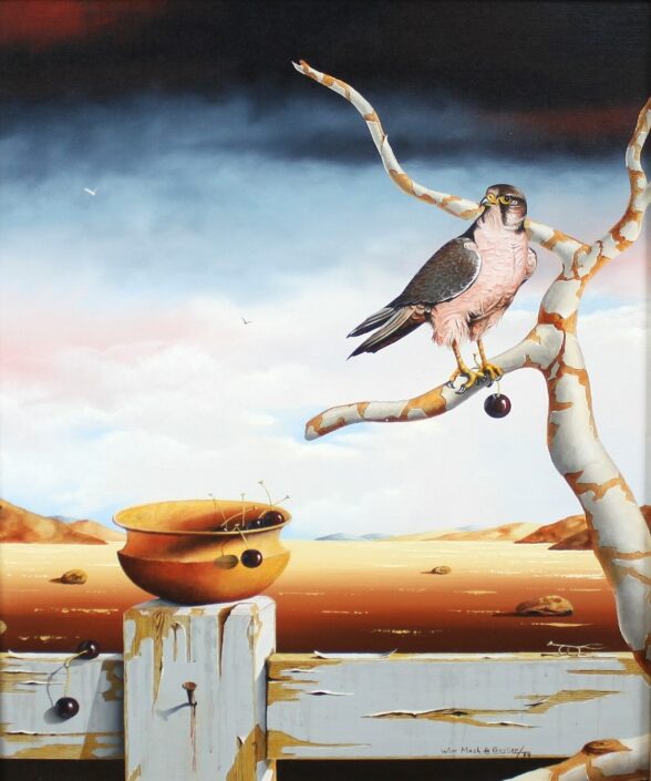 Schilderij | Woestijnlandschap met havik | Wim Mast de Gooijer | 1942-2020 , De Baanhoeve, NL Antiques