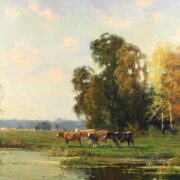Schilderij, Bosrijk landschap met rundvee aan de waterkant, Jules Dupré, 1811-1889, kunst en antiek de baanhoeve.nl, NL-antiques