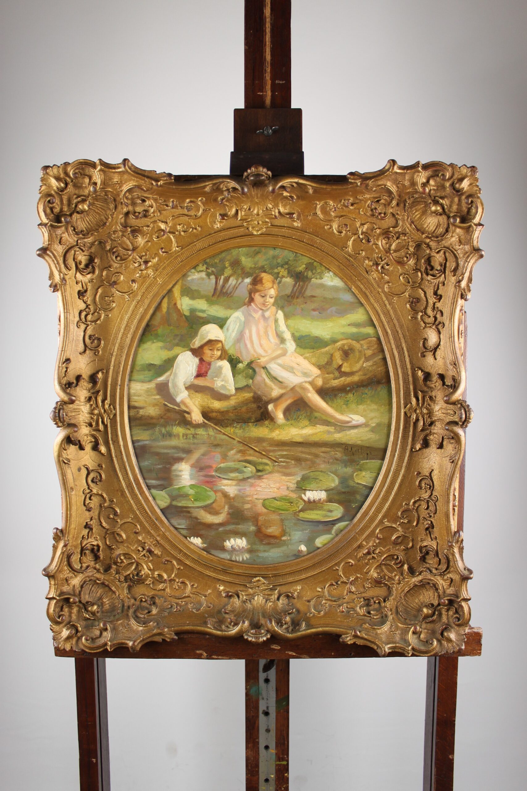 Schilderij, Meisjes spelen aan de waterkant, (naar) Albert Roelofs, 1877-1920, kunst en antiek de baanhoeve.nl, nl-antiques